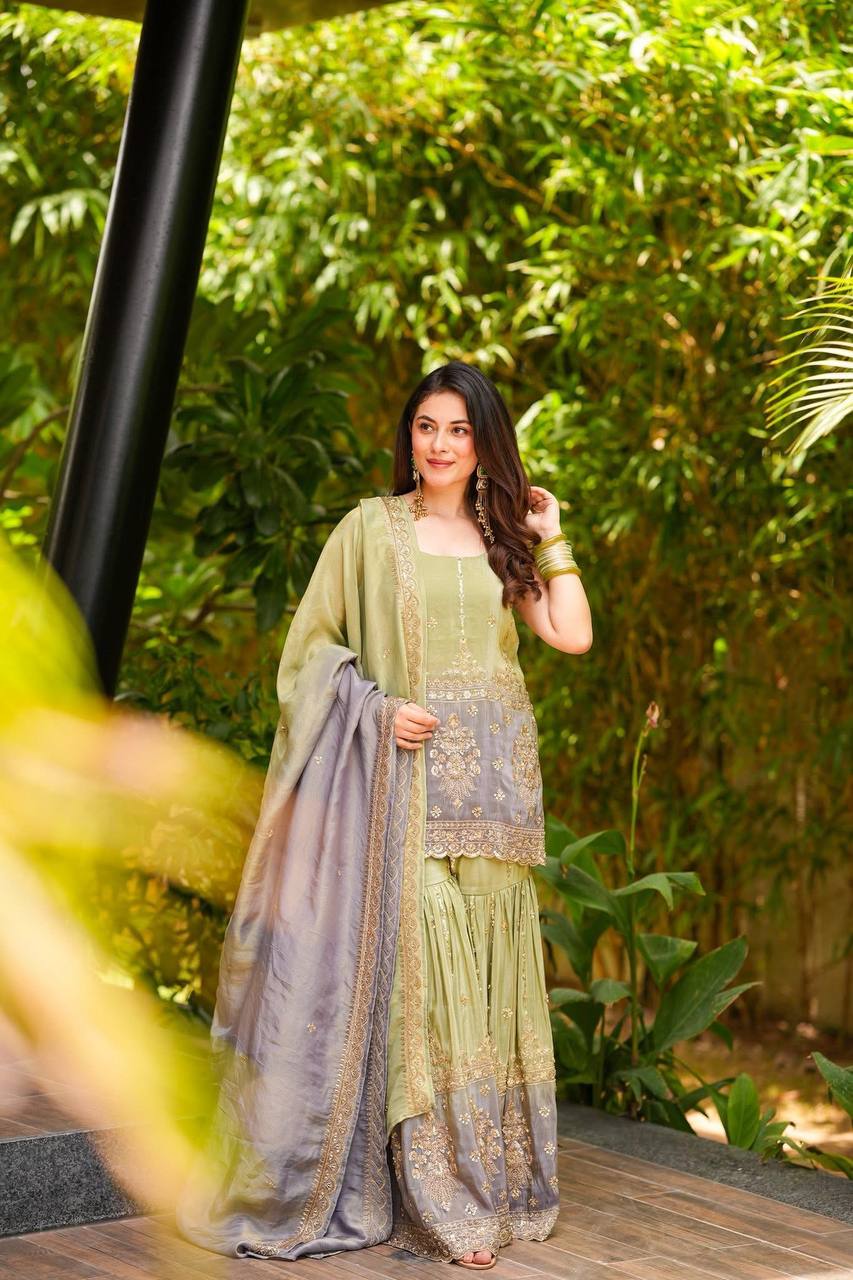 Pista Green Shaded Chinon Sharara Set