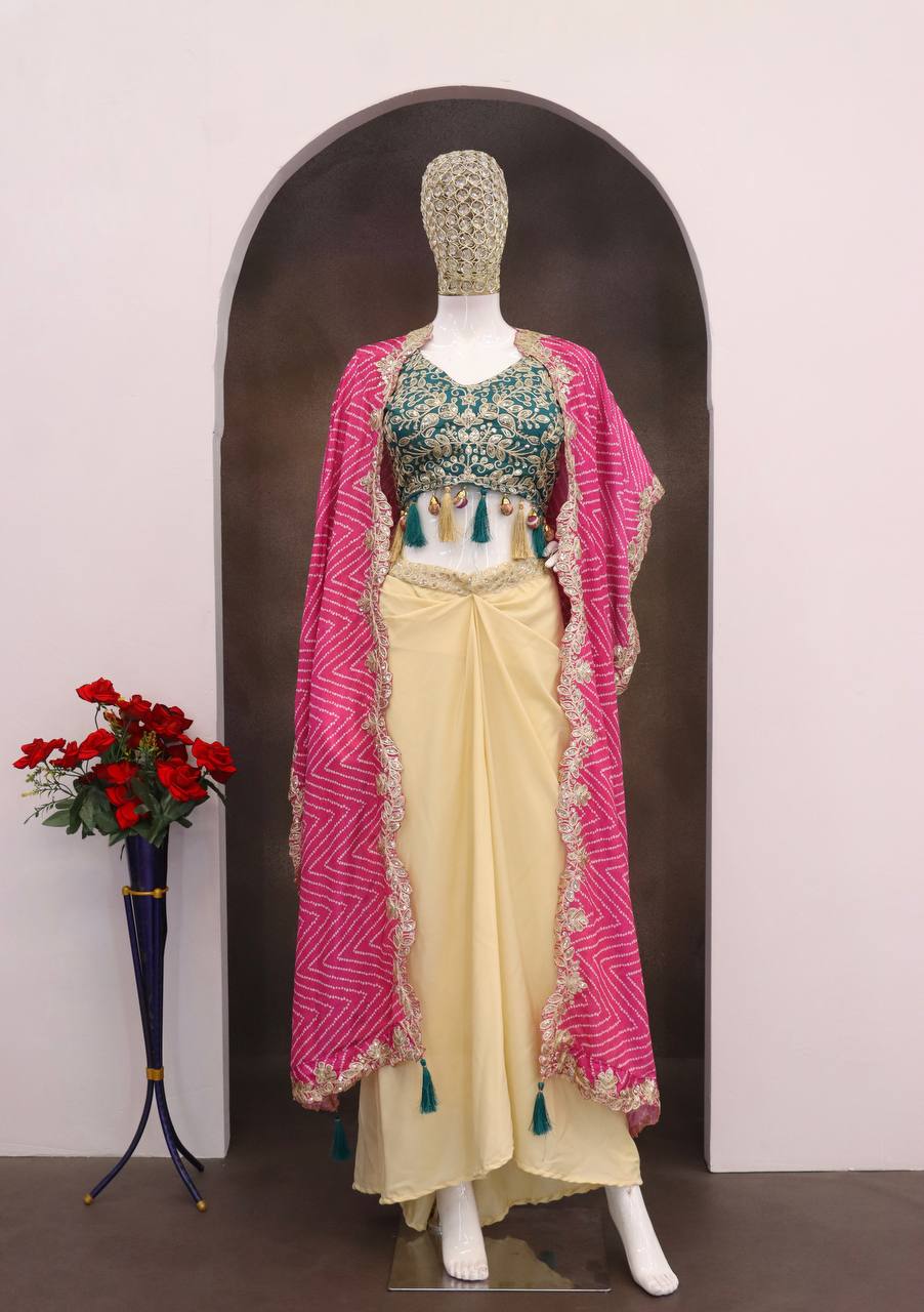 Cream Dhoti Set with Rani Pink Printed Shrug, view 4