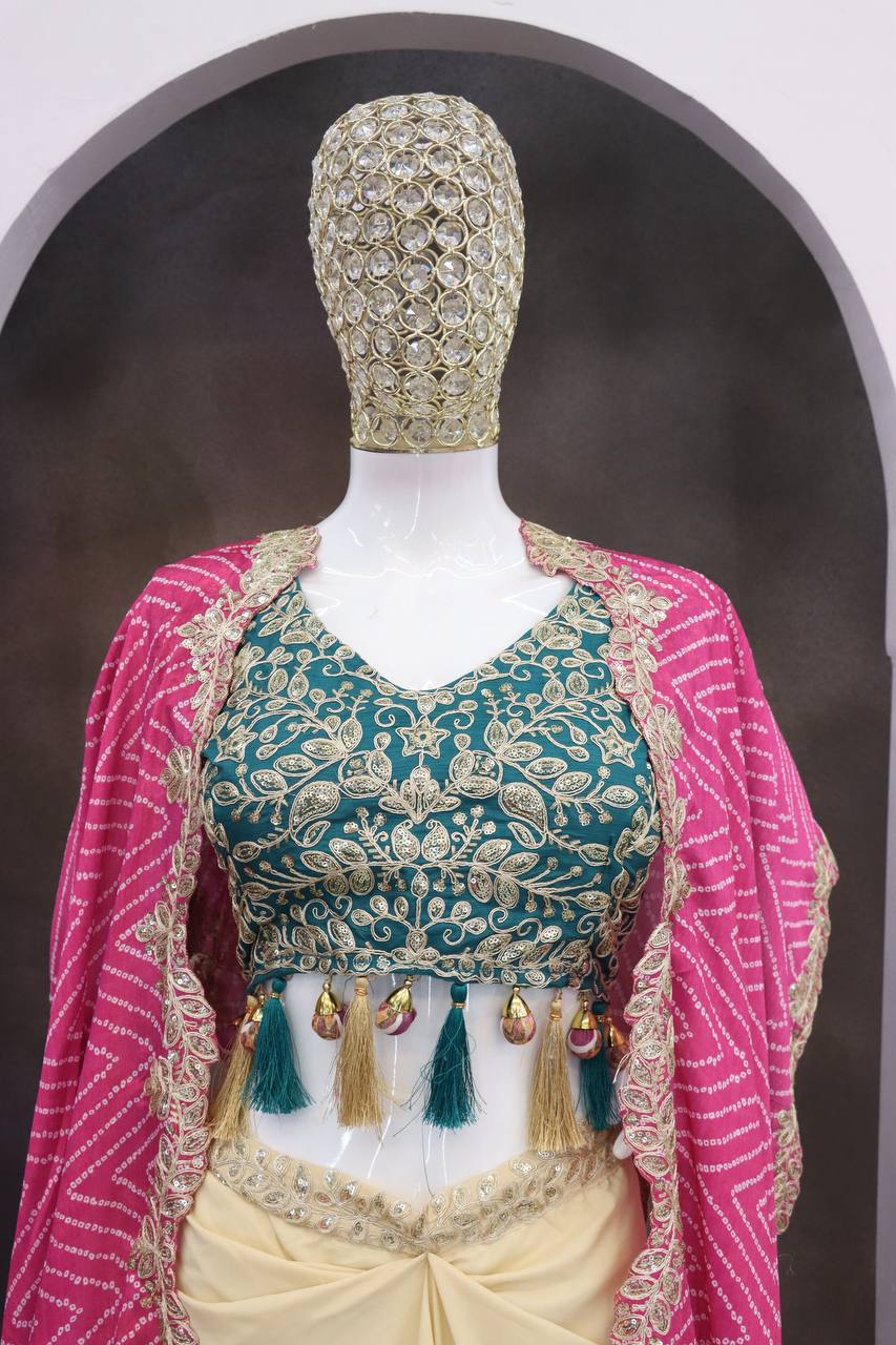 Cream Dhoti Set with Rani Pink Printed Shrug, view 5