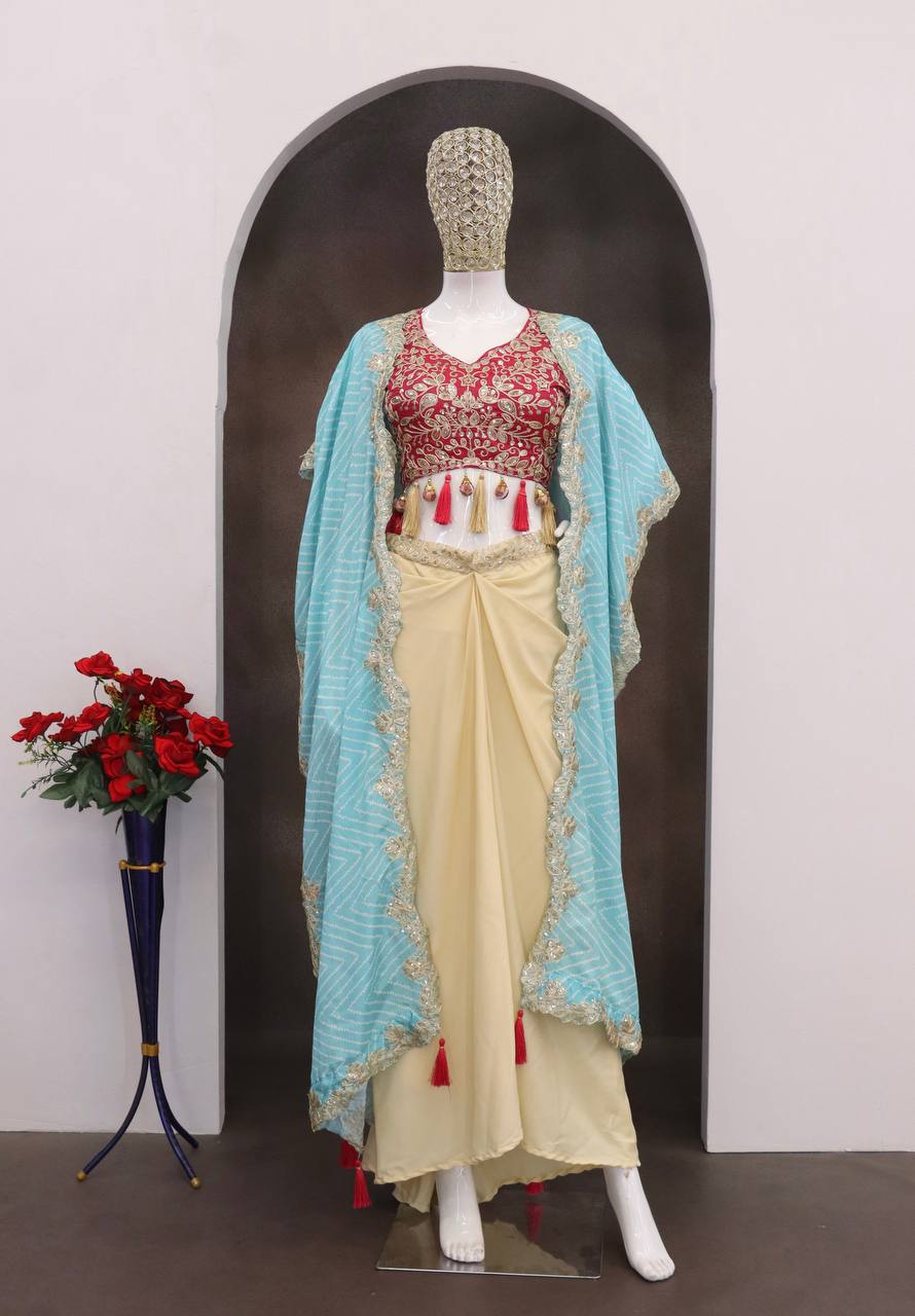 Cream Dhoti Set with Sky Blue Printed Shrug, view 4