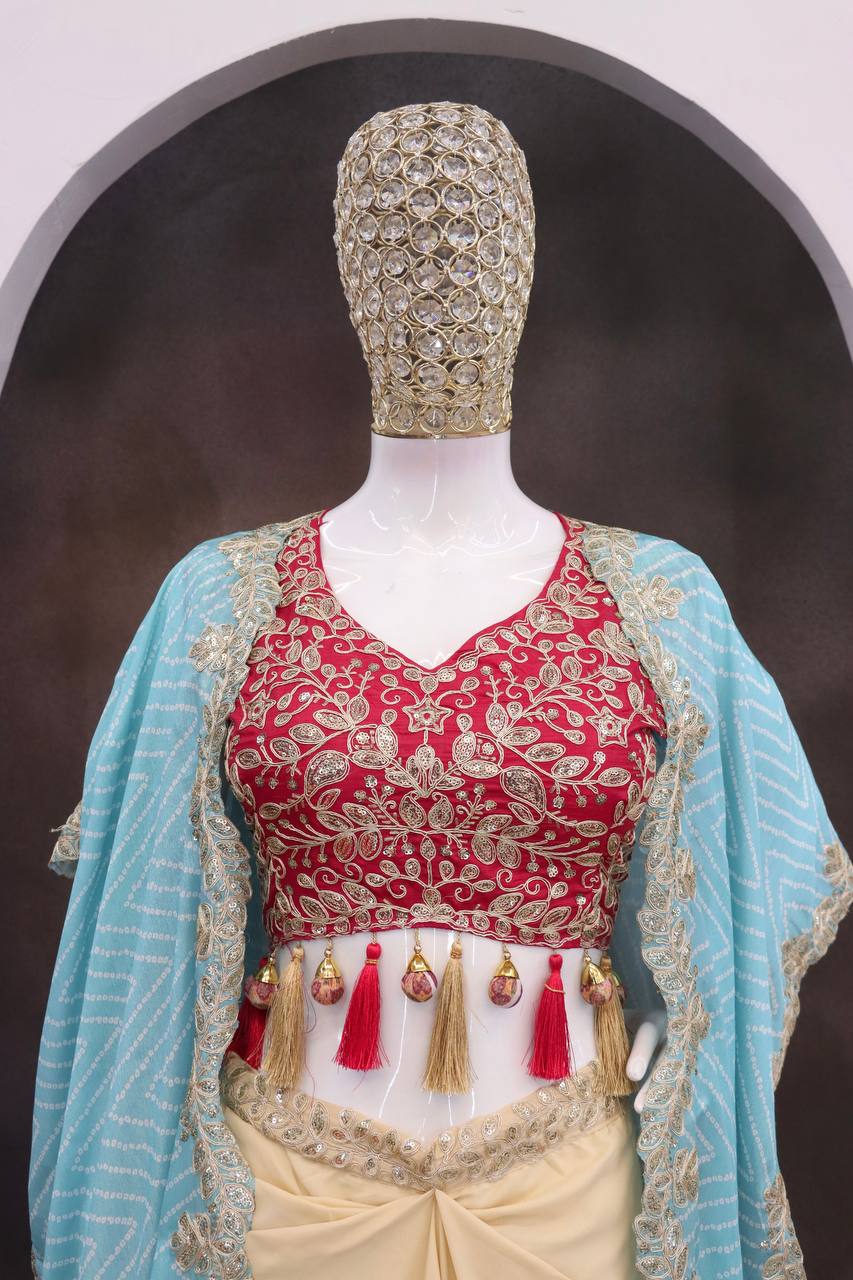 Cream Dhoti Set with Sky Blue Printed Shrug, view 5