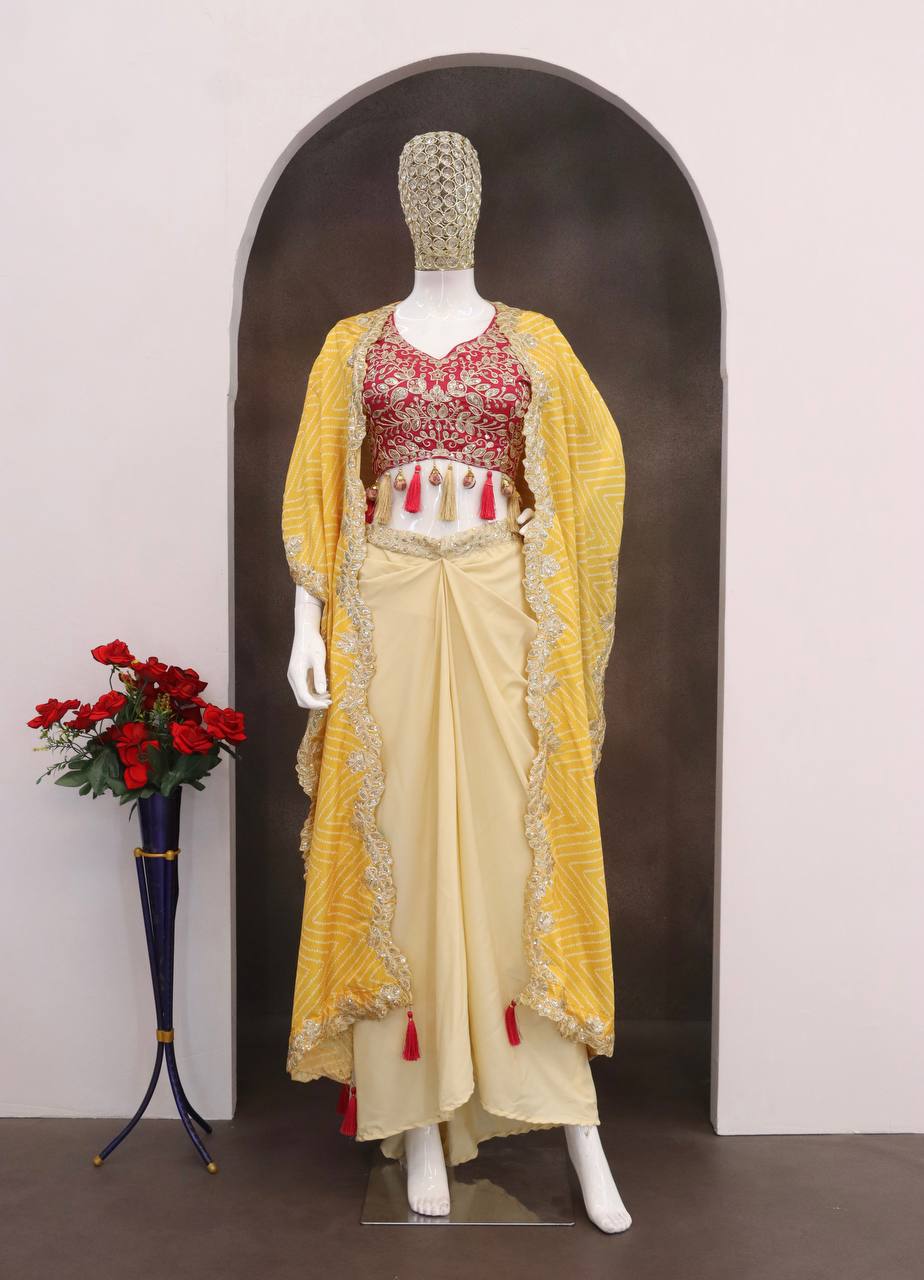 Cream Dhoti Set with Mustard Printed Shrug, view 4