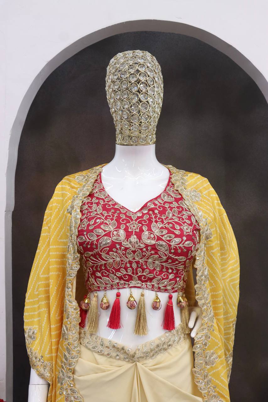 Cream Dhoti Set with Mustard Printed Shrug, view 5