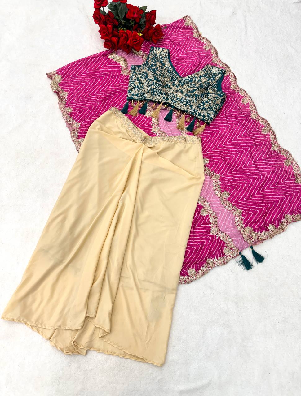 Cream Dhoti Set with Rani Pink Printed Shrug, view 6