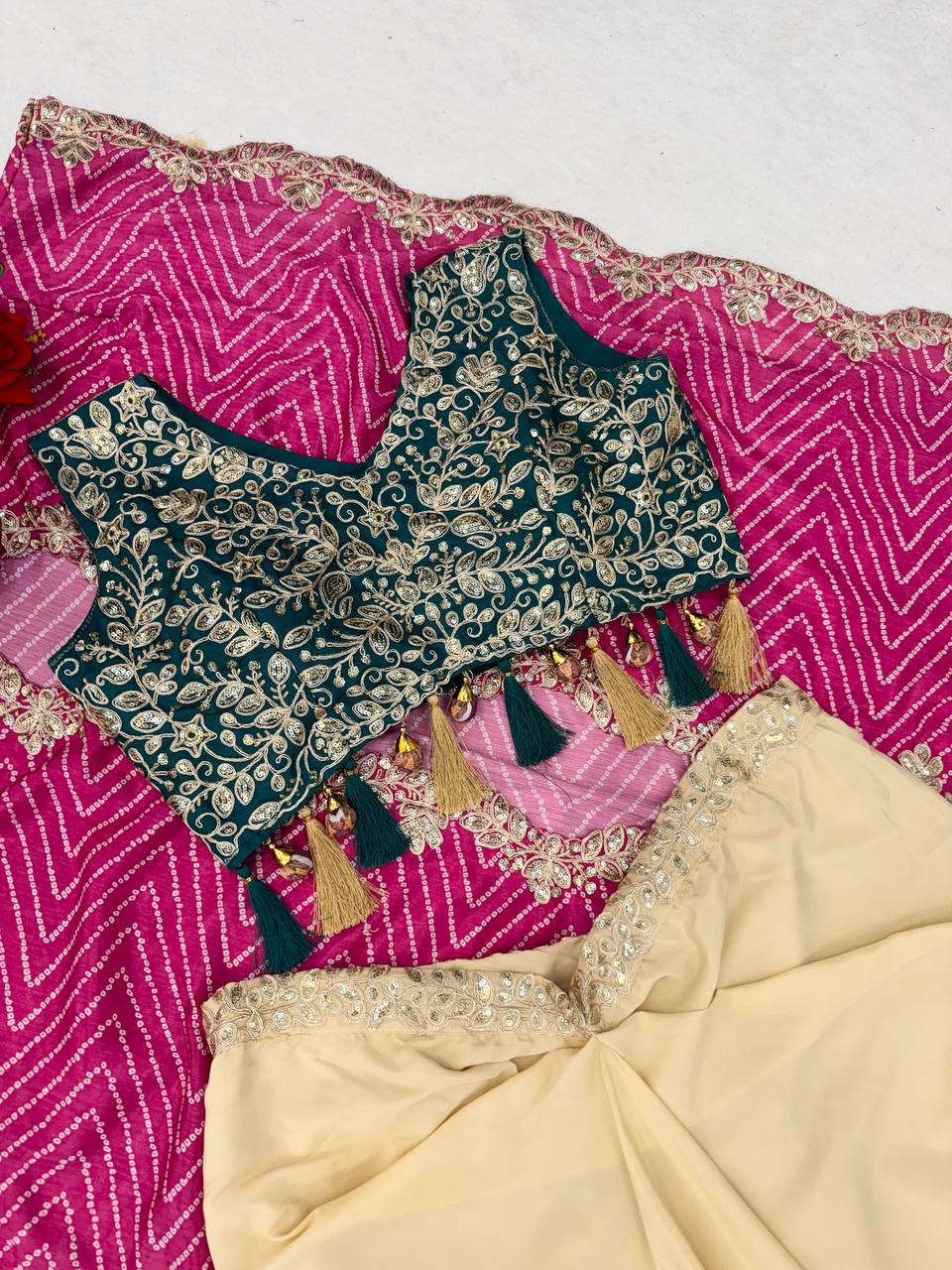 Cream Dhoti Set with Rani Pink Printed Shrug, view 7