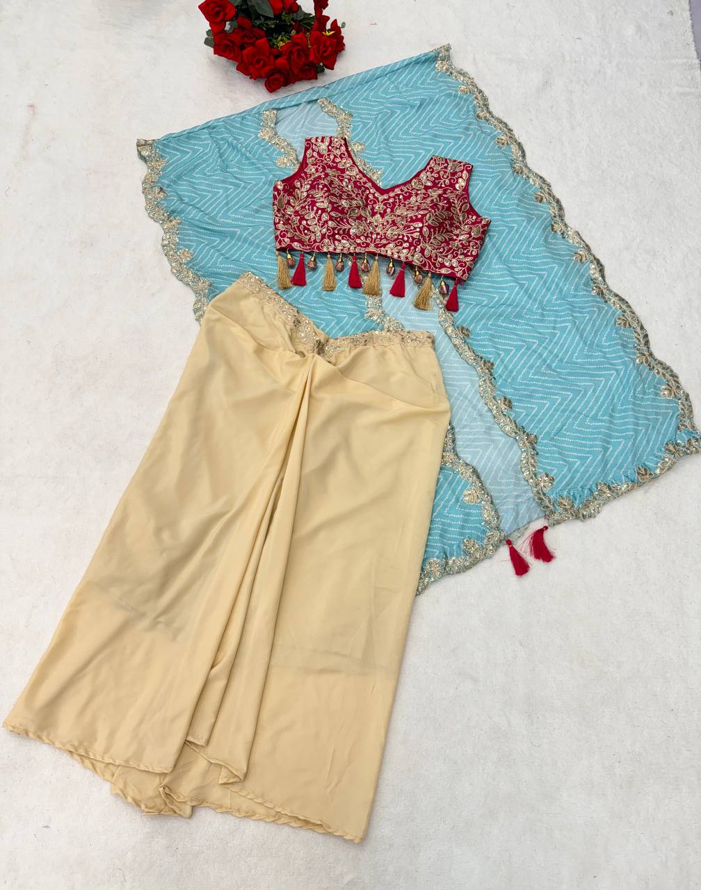 Cream Dhoti Set with Sky Blue Printed Shrug, view 6