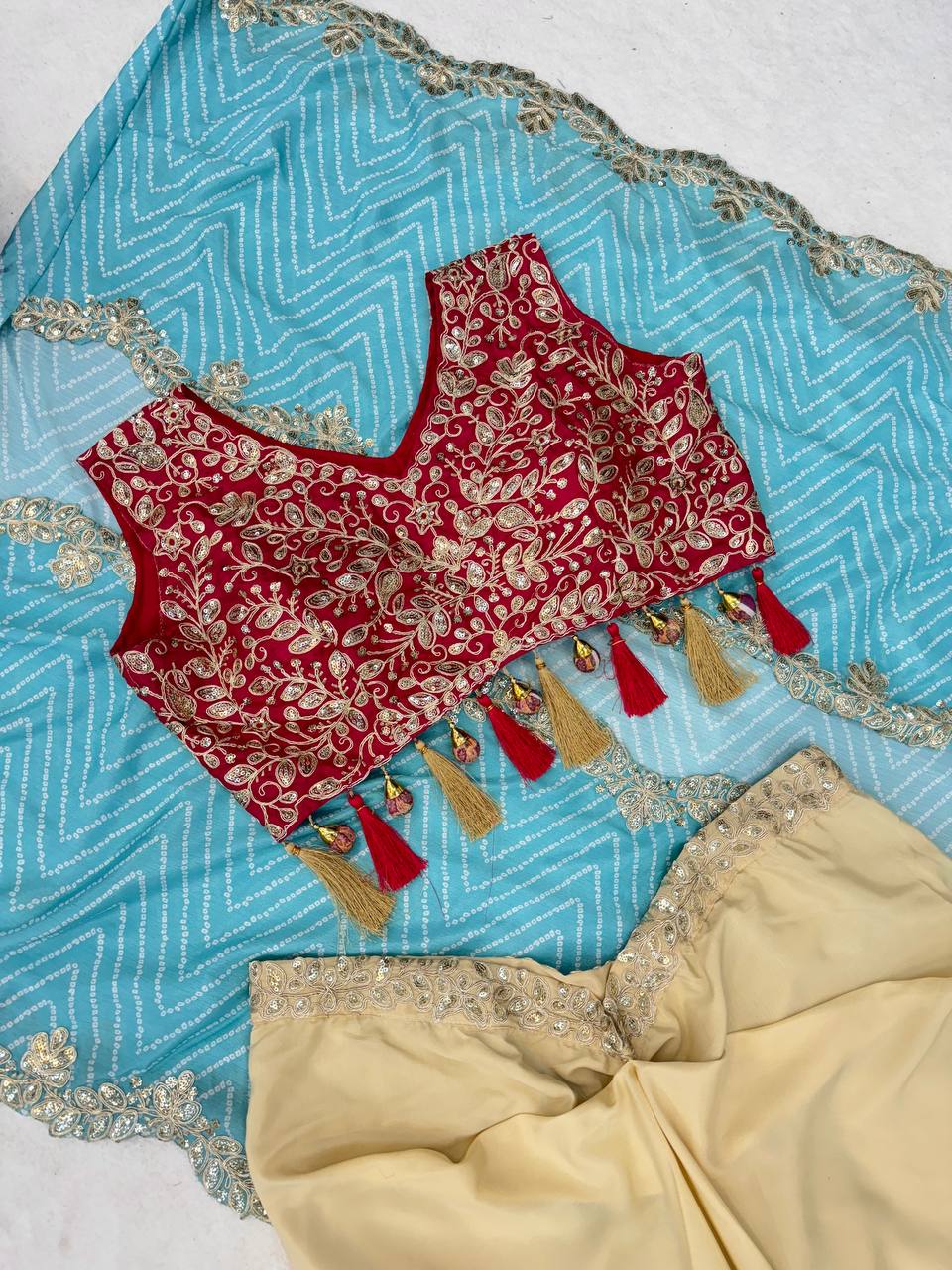Cream Dhoti Set with Sky Blue Printed Shrug, view 7