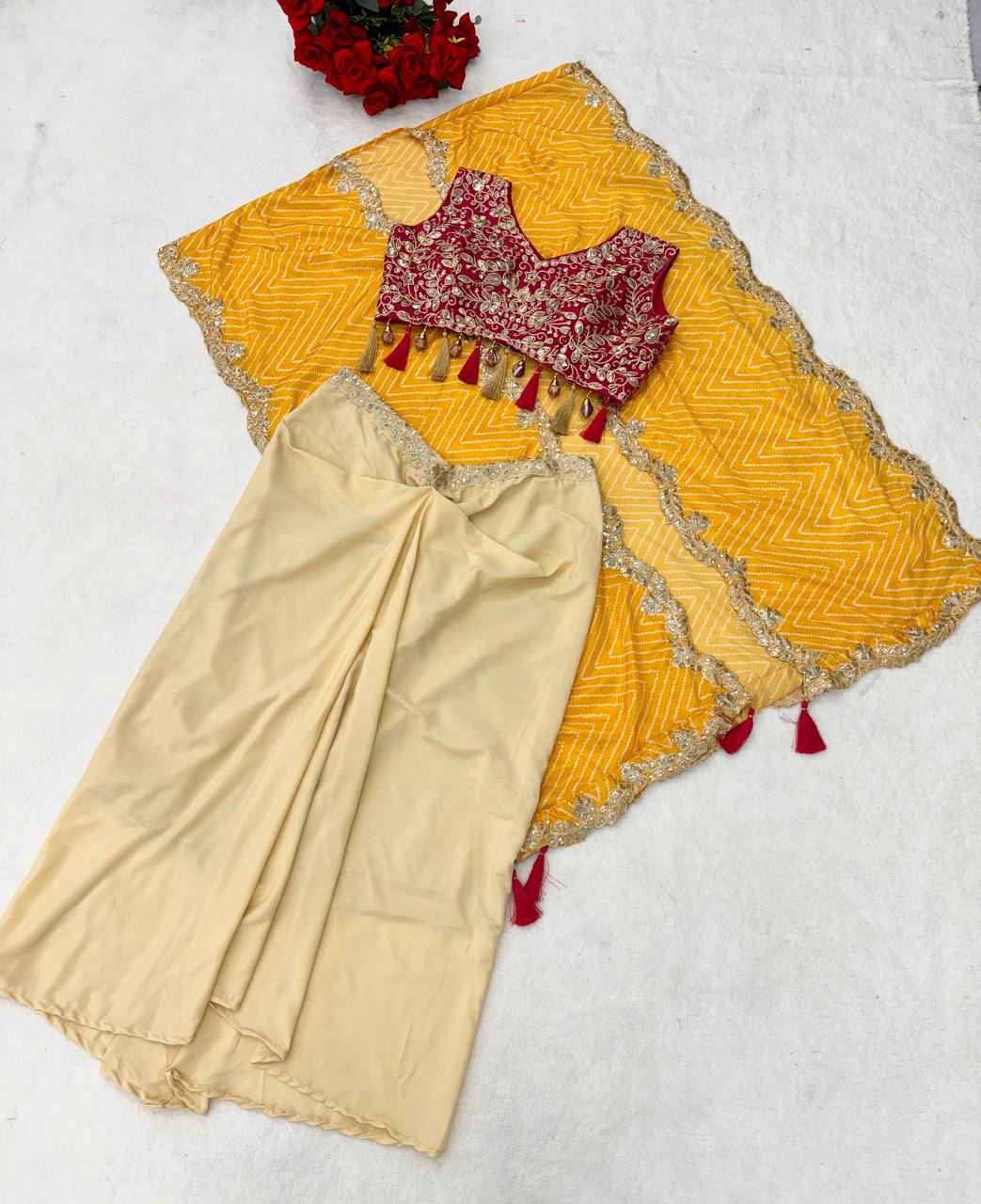 Cream Dhoti Set with Mustard Printed Shrug, view 6