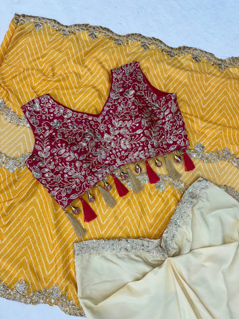 Cream Dhoti Set with Mustard Printed Shrug, view 7