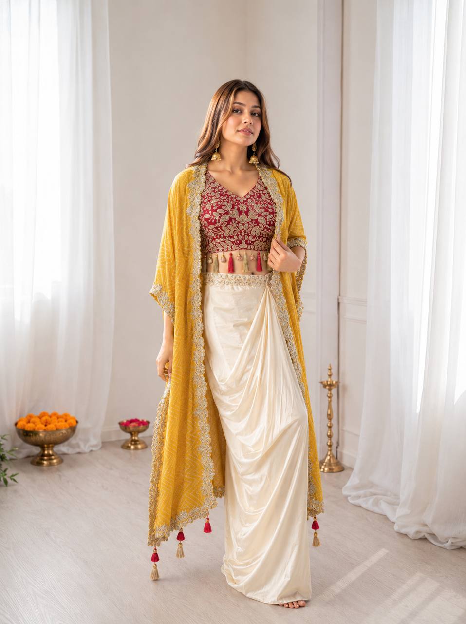 Cream Dhoti Set with Mustard Printed Shrug, view 3
