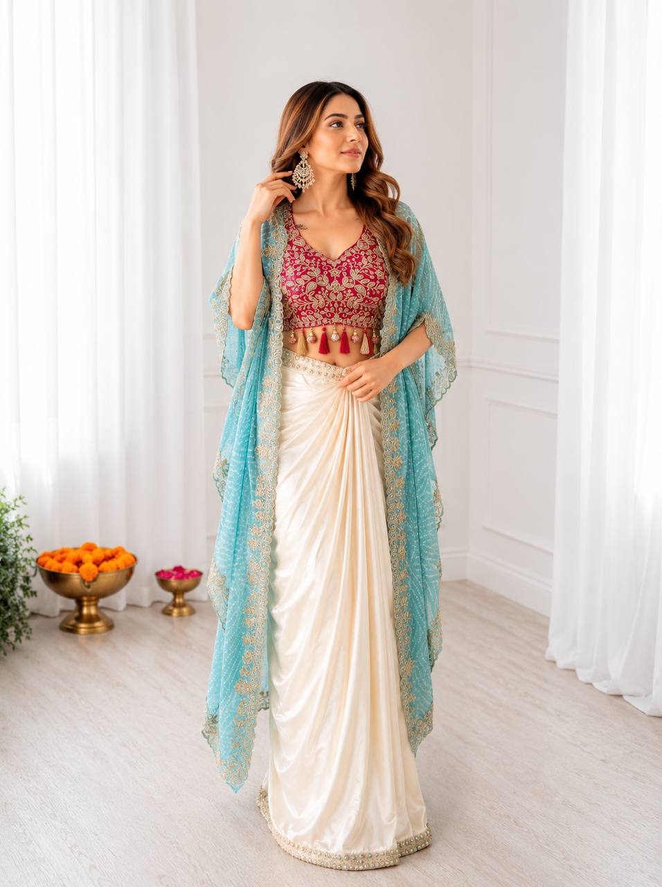 Cream Dhoti Set with Sky Blue Printed Shrug, view 3