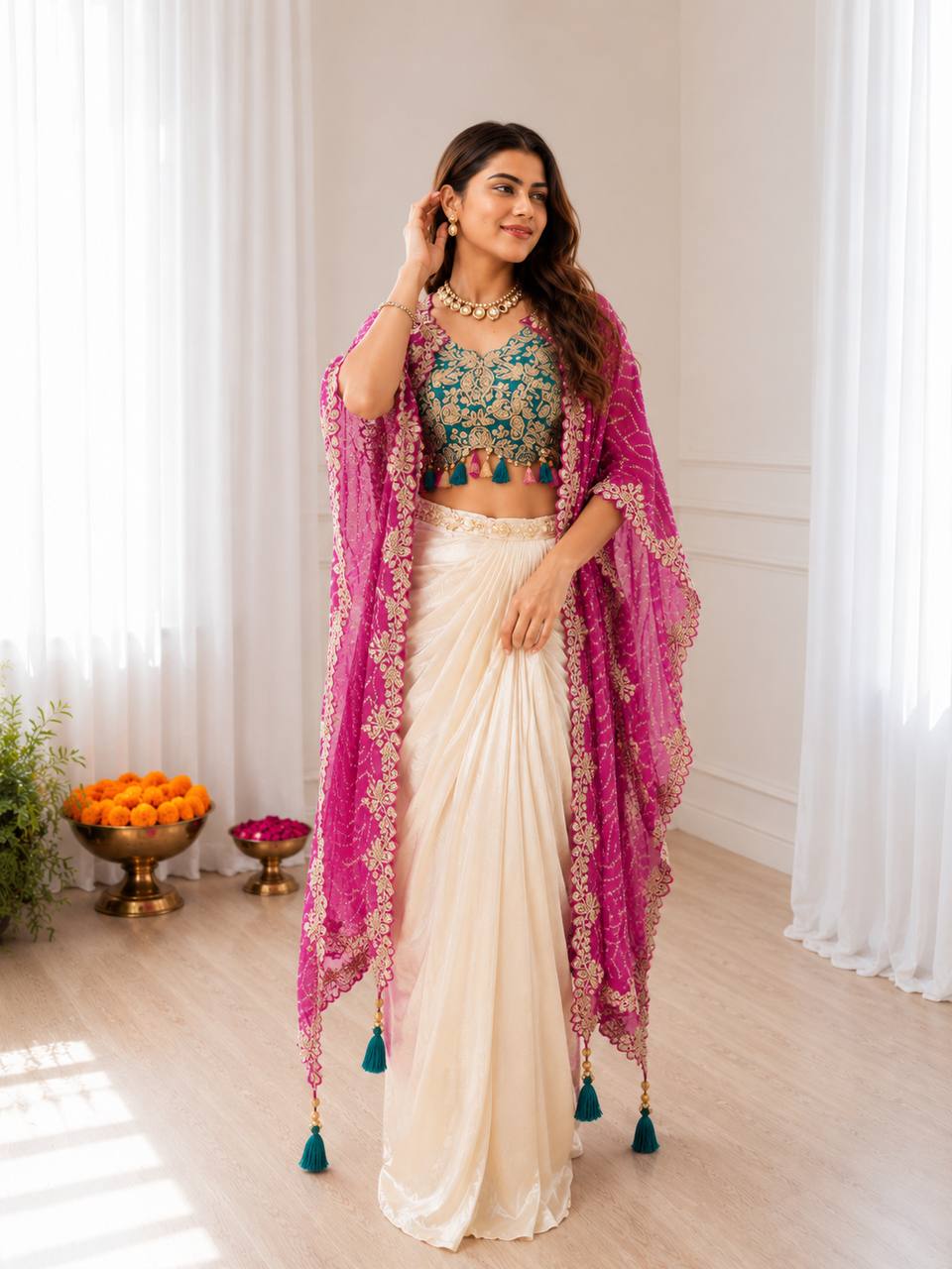 Cream Dhoti Set with Rani Pink Printed Shrug