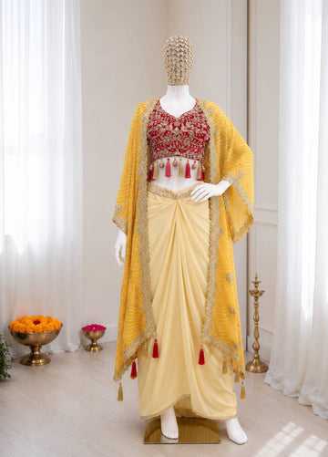 Cream Dhoti Set with Mustard Printed Shrug