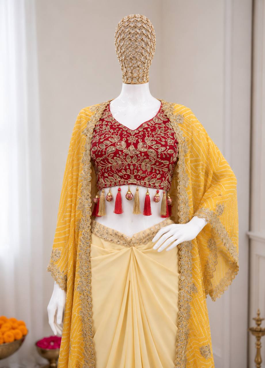 Cream Dhoti Set with Mustard Printed Shrug, view 2