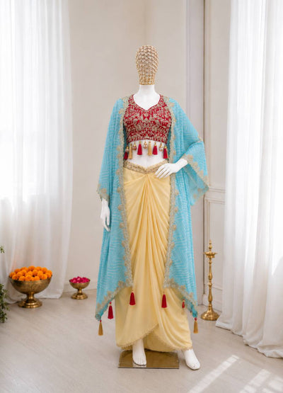 Cream Dhoti Set with Sky Blue Printed Shrug