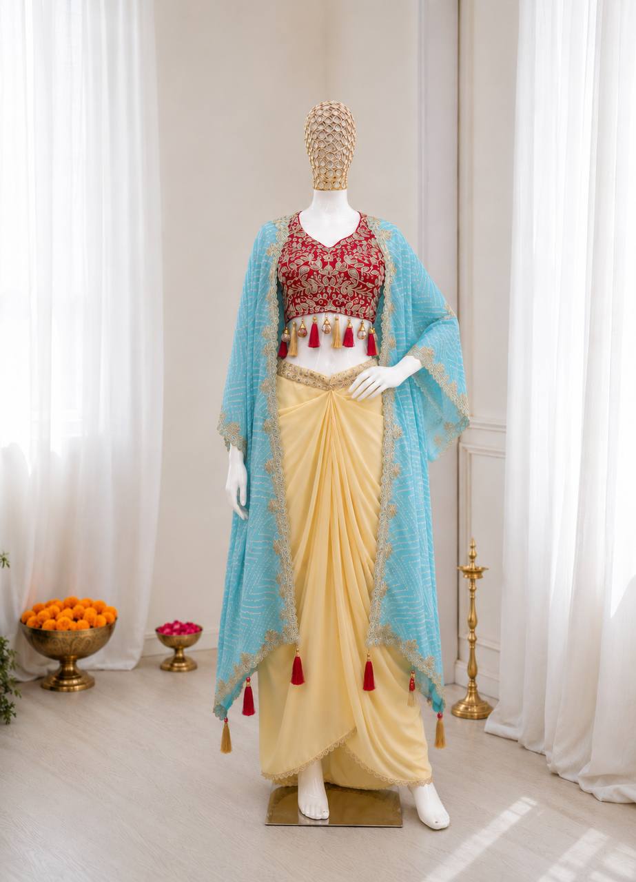 Cream Dhoti Set with Sky Blue Printed Shrug