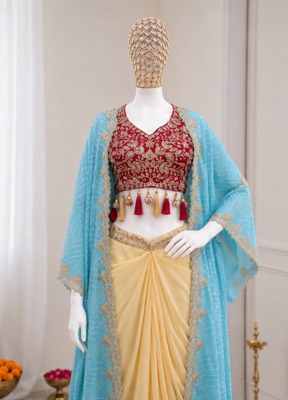 Cream Dhoti Set with Sky Blue Printed Shrug, view 2