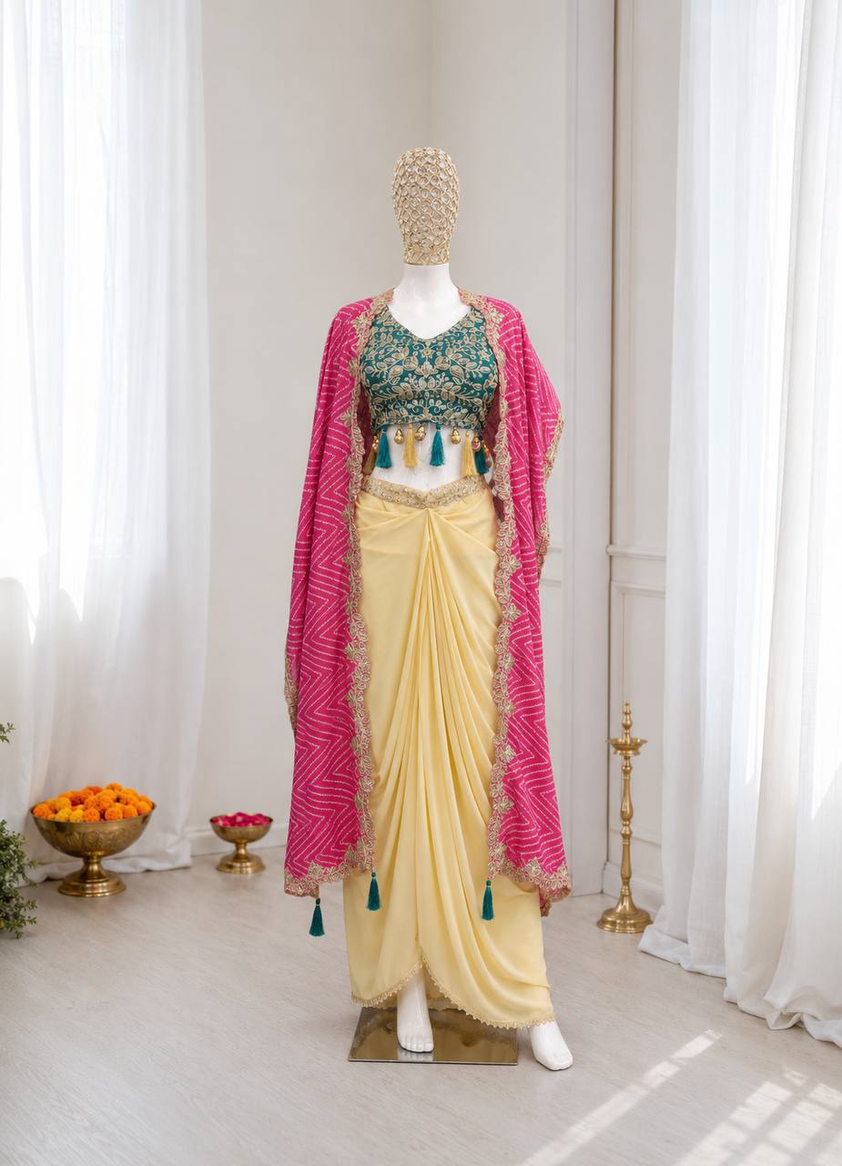 Cream Dhoti Set with Rani Pink Printed Shrug, view 2