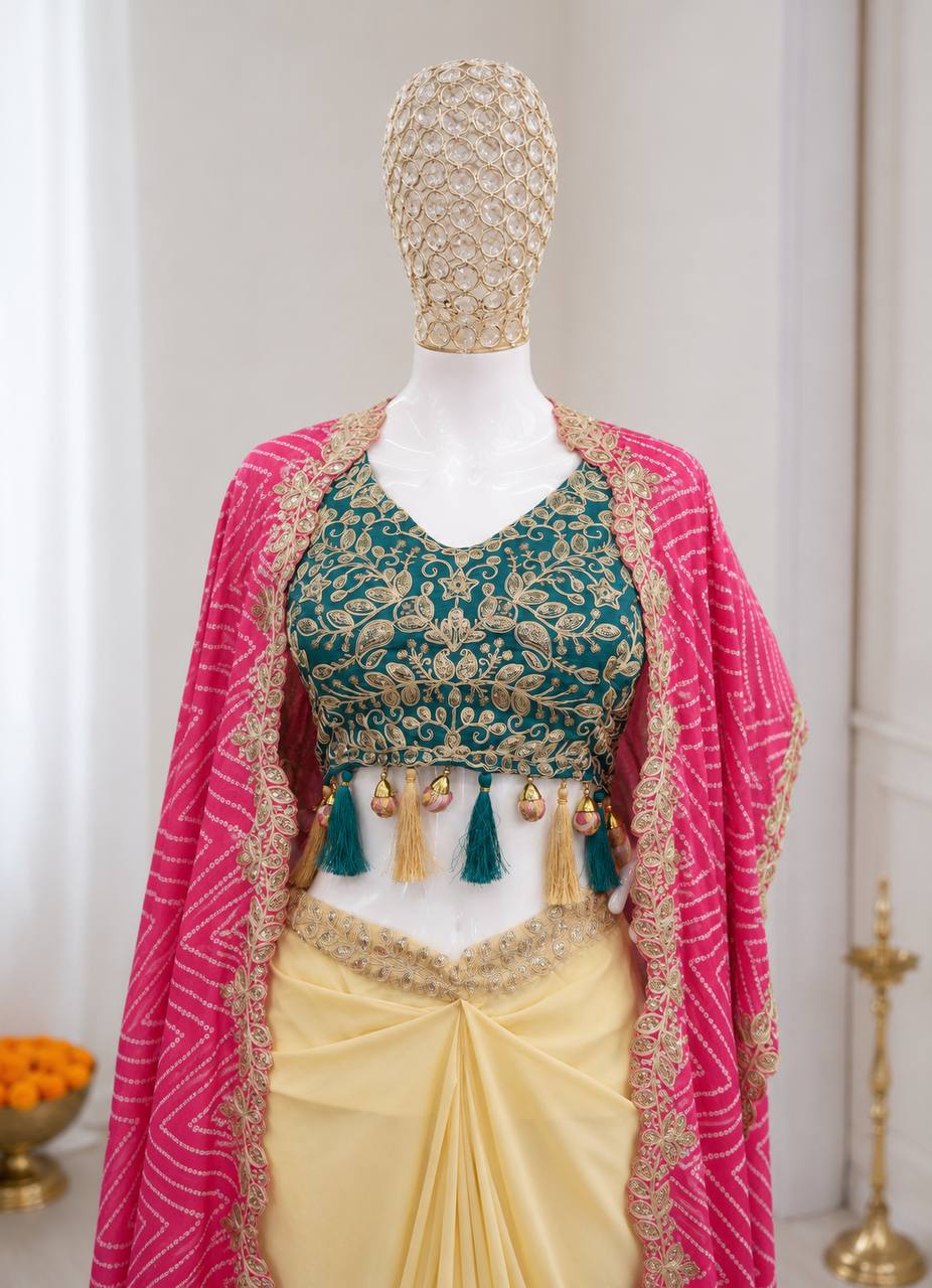 Cream Dhoti Set with Rani Pink Printed Shrug, view 3