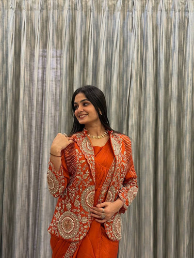 Orange Rangoli Silk Ready-to-Wear Saree with Jacket