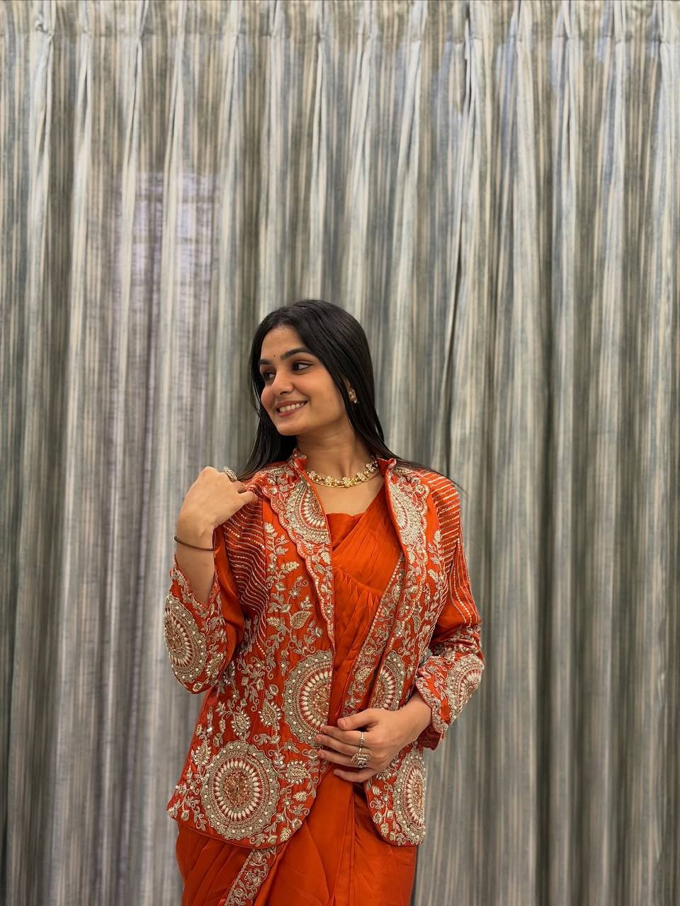 Orange Rangoli Silk Ready-to-Wear Saree with Jacket