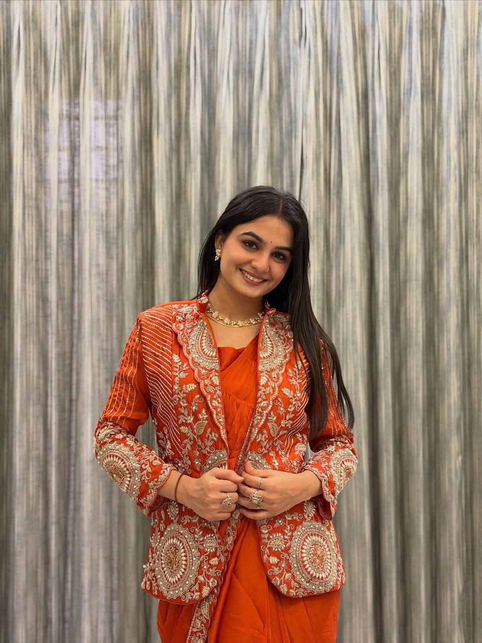 Orange Rangoli Silk Ready-to-Wear Saree with Jacket