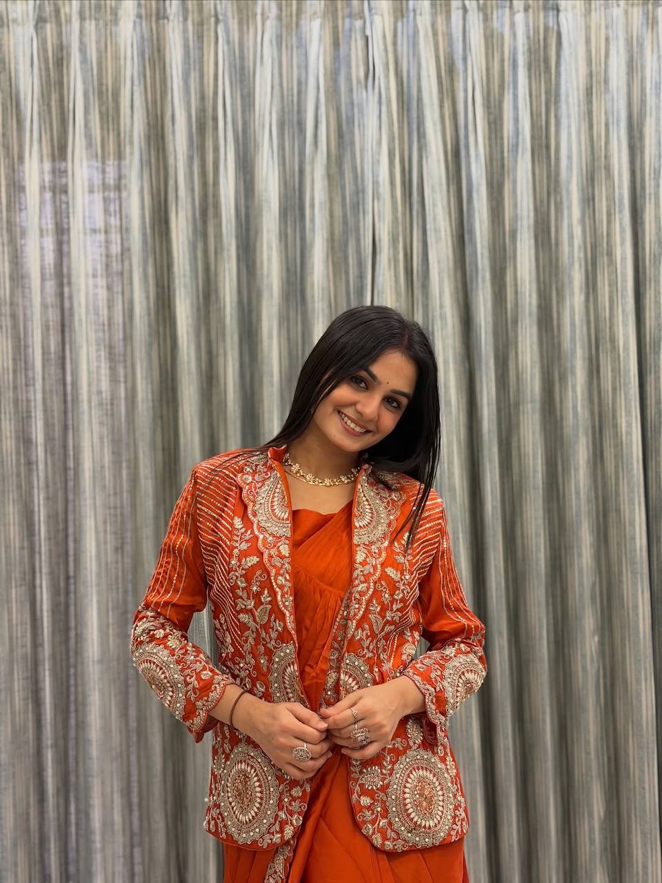 Orange Rangoli Silk Ready-to-Wear Saree with Jacket, view 6