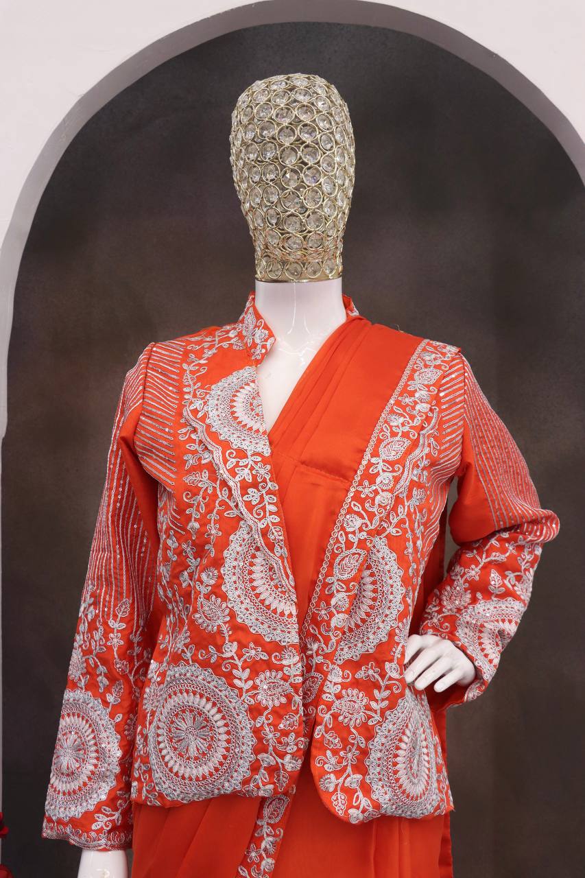 Orange Rangoli Silk Ready-to-Wear Saree with Jacket, view 3