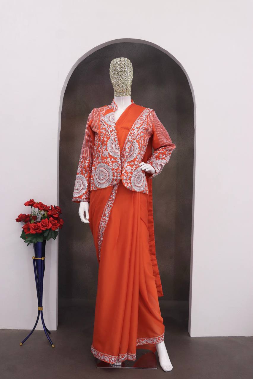 Orange Rangoli Silk Ready-to-Wear Saree with Jacket, view 4