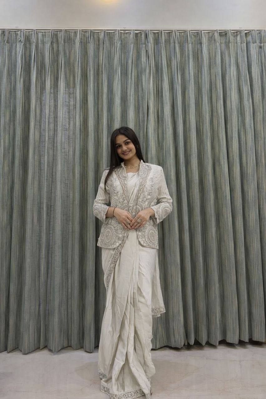 White Rangoli Silk Ready-to-Wear Saree with Jacket, view 4