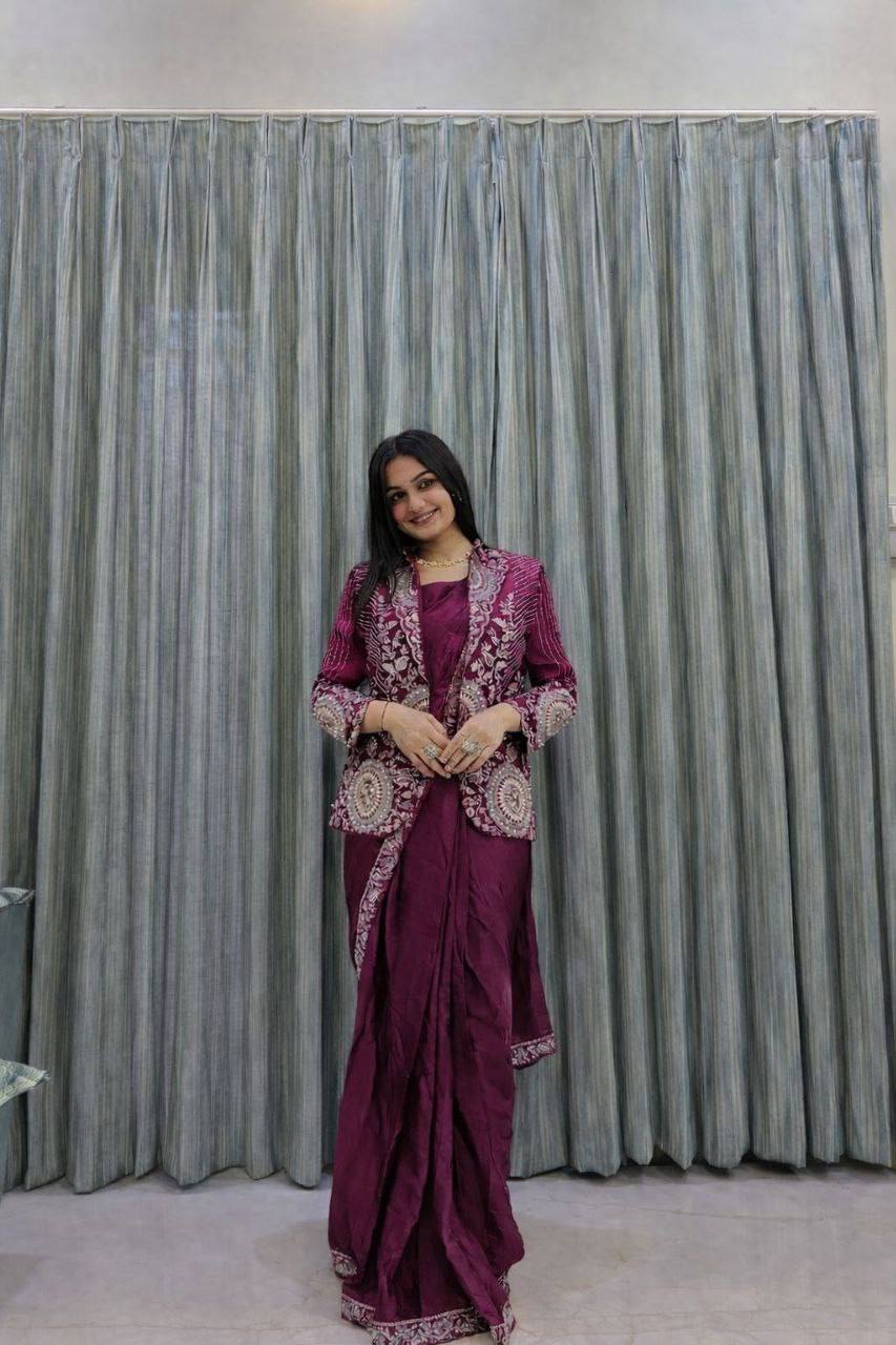 Wine Rangoli Silk Ready-to-Wear Saree with Jacket, view 4