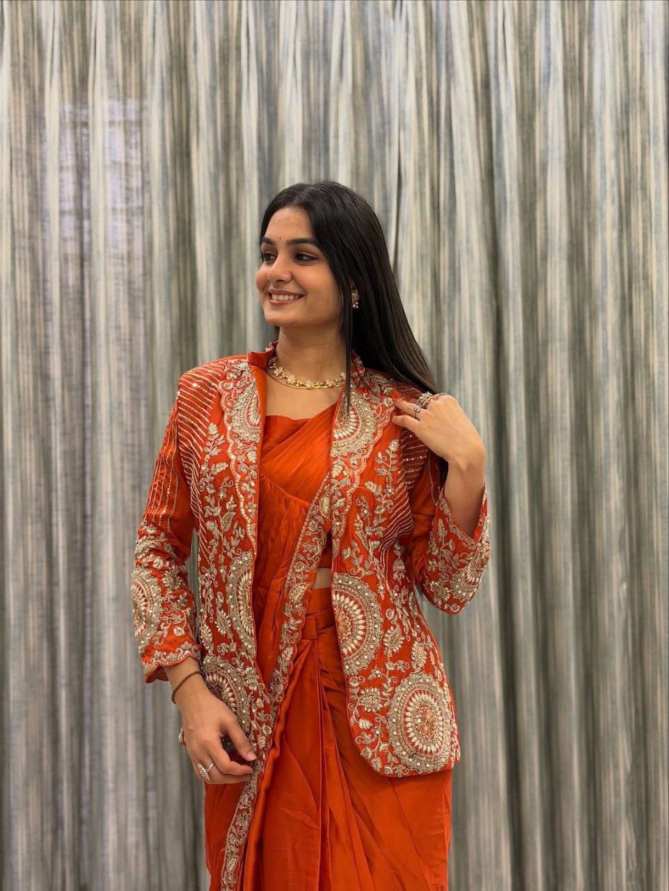 Orange Rangoli Silk Ready-to-Wear Saree with Jacket, view 7