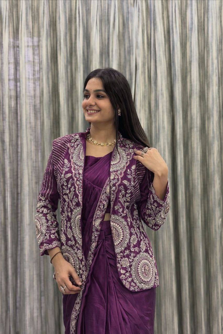 Wine Rangoli Silk Ready-to-Wear Saree with Jacket, view 3