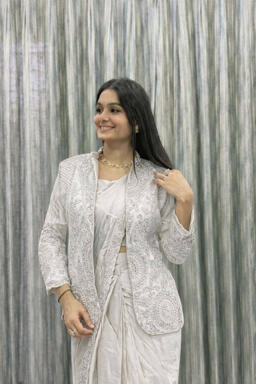 White Rangoli Silk Ready-to-Wear Saree with Jacket, view 3