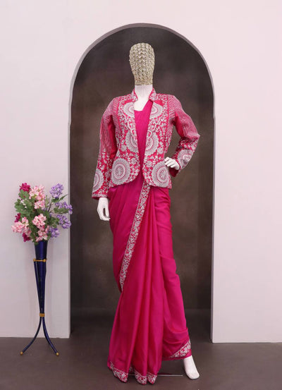 Rani Pink Rangoli Silk Ready-to-Wear Saree with Jacket