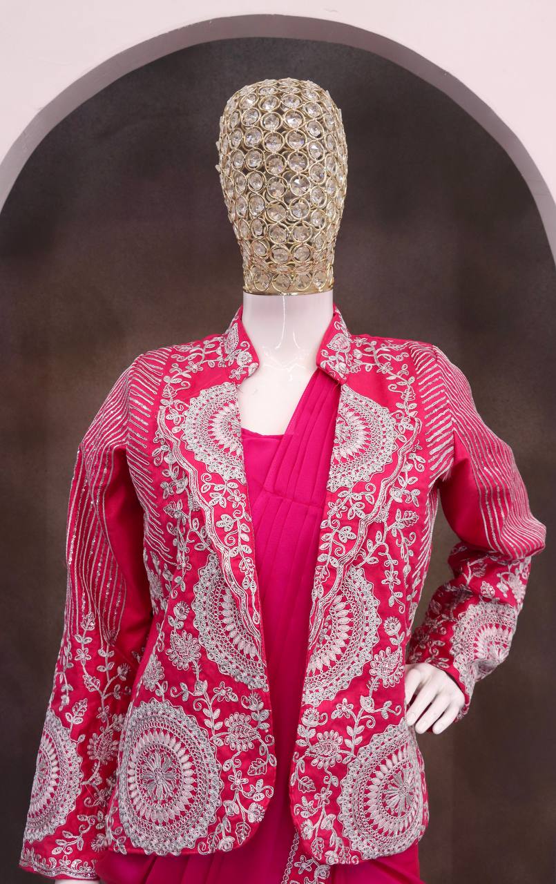 Rani Pink Rangoli Silk Ready-to-Wear Saree with Jacket
