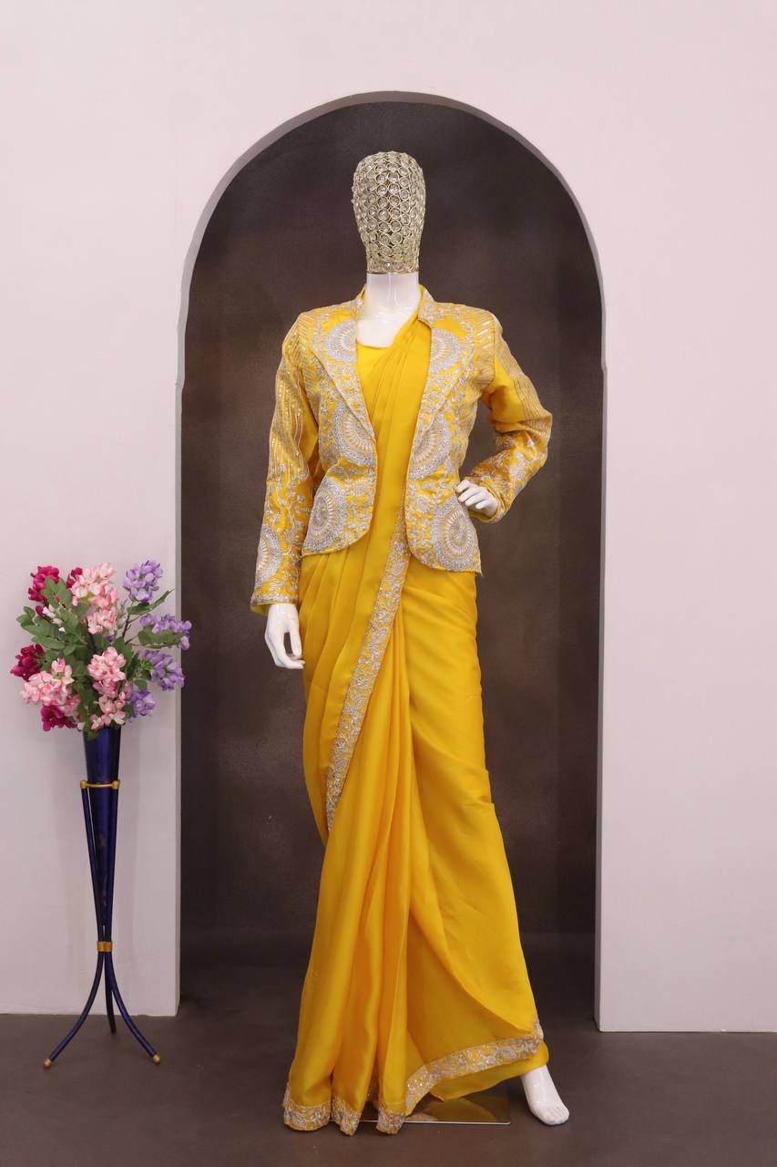 Yellow Rangoli Silk Ready-to-Wear Saree with Jacket