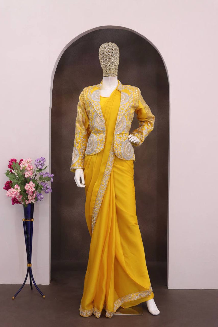 Yellow Rangoli Silk Ready-to-Wear Saree with Jacket