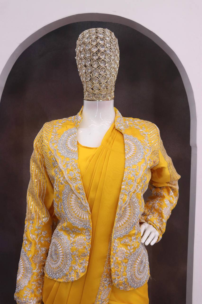 Yellow Rangoli Silk Ready-to-Wear Saree with Jacket