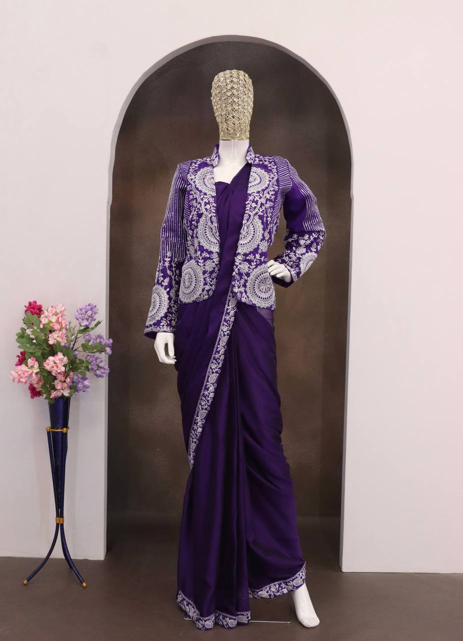 Purple Rangoli Silk Ready-to-Wear Saree with Jacket