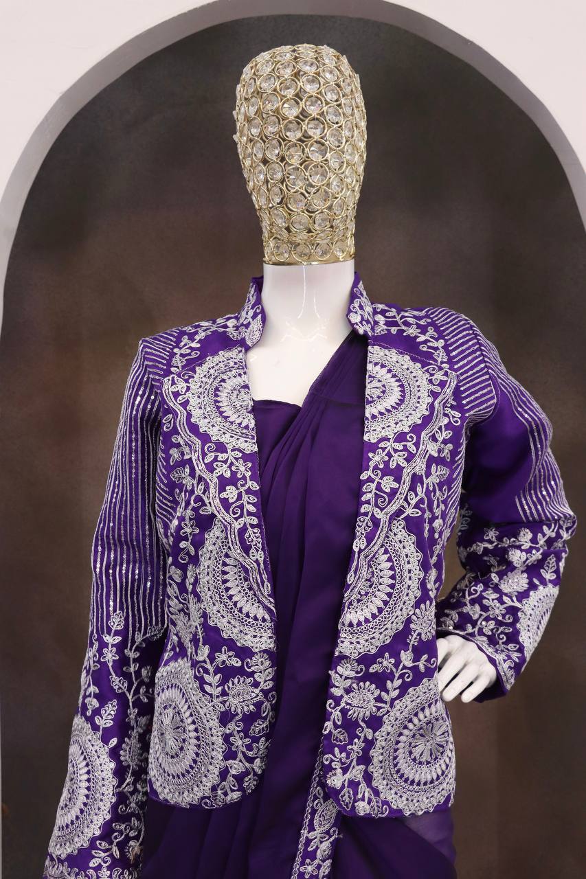 Purple Rangoli Silk Ready-to-Wear Saree with Jacket