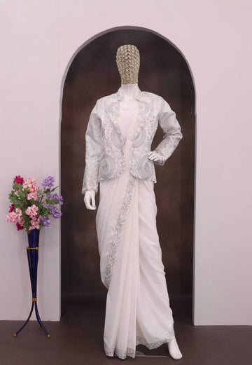 White Rangoli Silk Ready-to-Wear Saree with Jacket