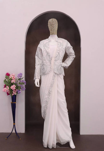 White Rangoli Silk Ready-to-Wear Saree with Jacket