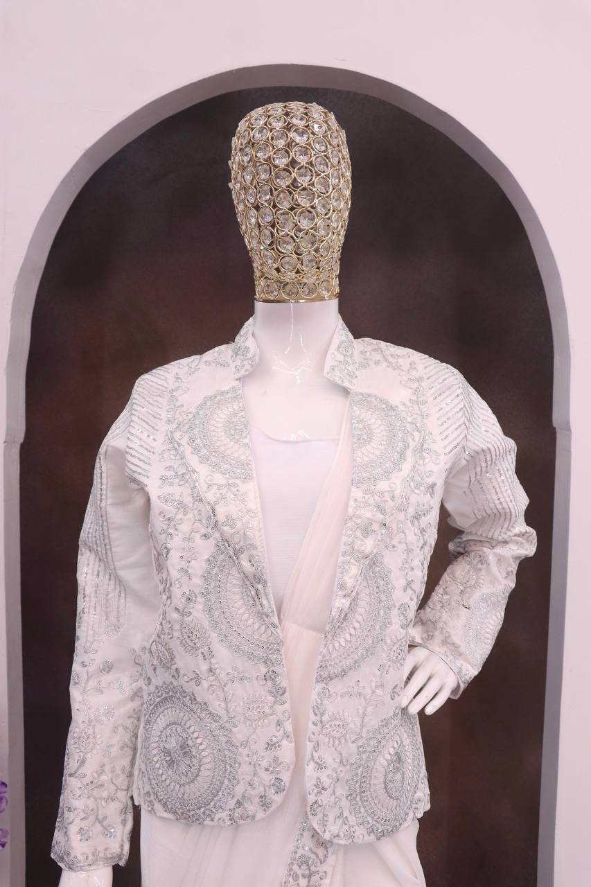 White Rangoli Silk Ready-to-Wear Saree with Jacket, view 2