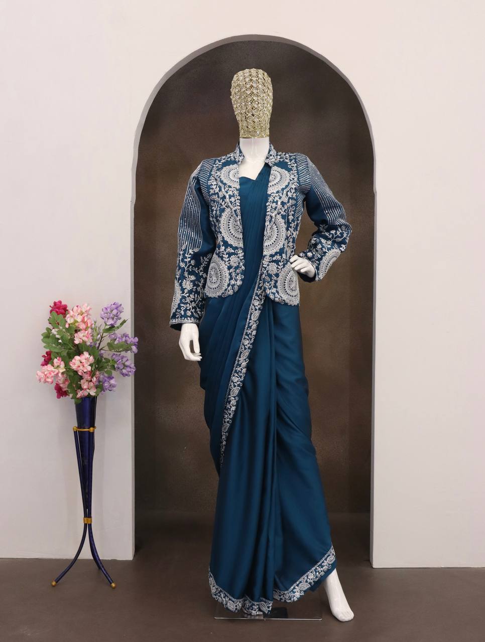 Teal Blue Rangoli Silk Ready-to-Wear Saree with Jacket