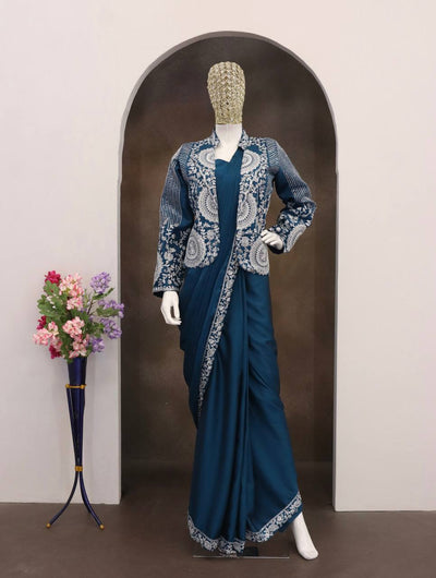Teal Blue Rangoli Silk Ready-to-Wear Saree with Jacket