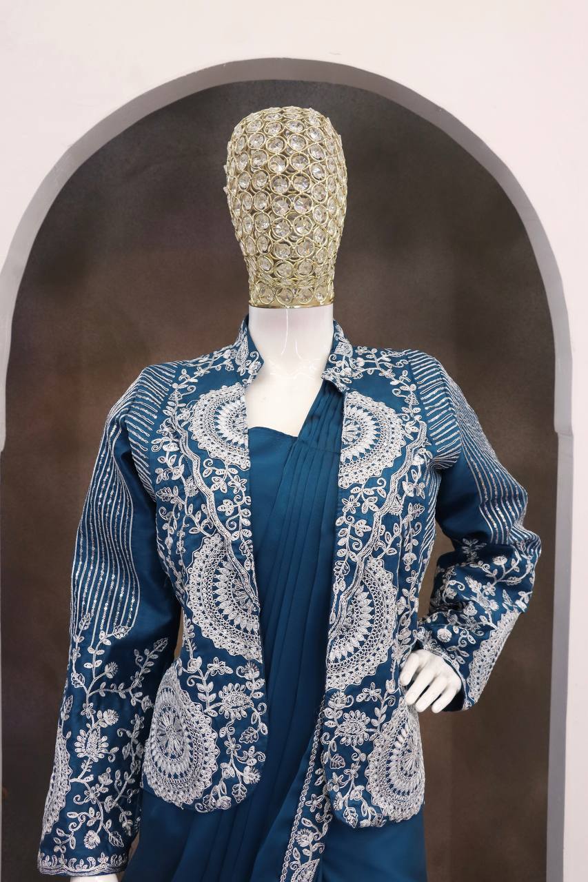 Teal Blue Rangoli Silk Ready-to-Wear Saree with Jacket