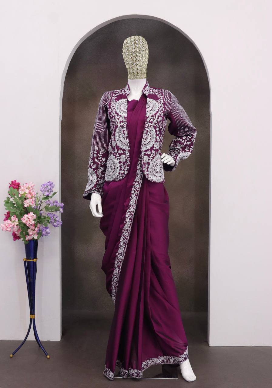 Wine Rangoli Silk Ready-to-Wear Saree with Jacket