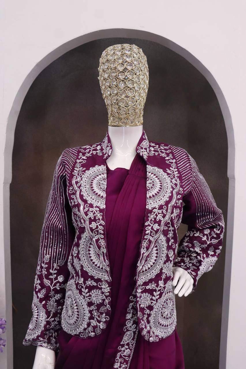 Wine Rangoli Silk Ready-to-Wear Saree with Jacket, view 2