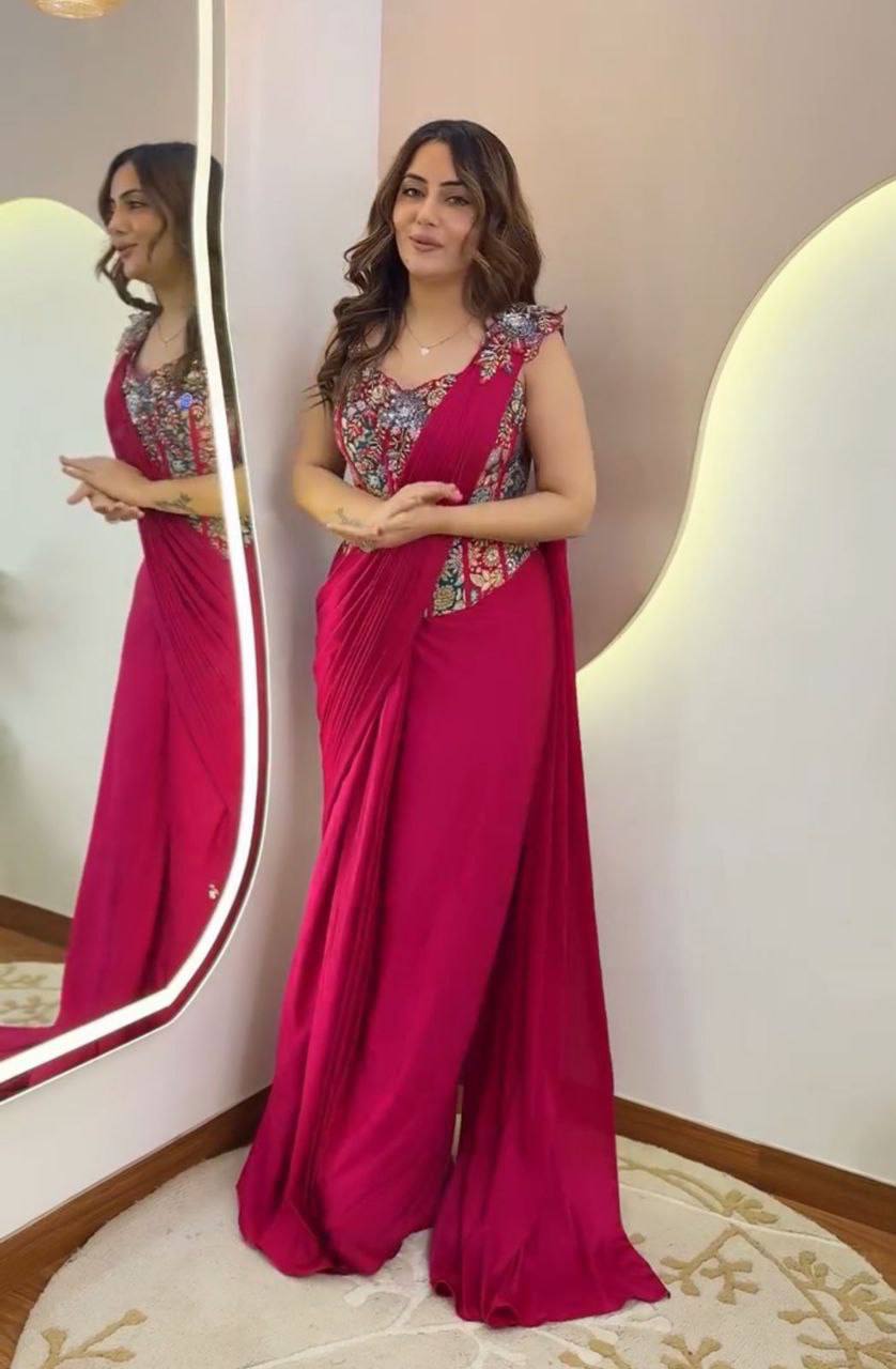 Rani Pink Crepe Ready-to-Wear Saree